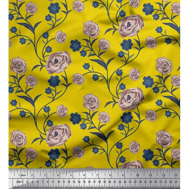 Soimoi Tissu en Jersey de Coton Imprimé Feuilles & Roses au Mètre 58 Pouces de Large