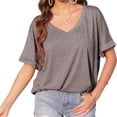 thumbnail image 3 of Summer Rolled Short Sleeve Women V-neck Solid Color Casual Loose T-shirt Tops, 3 of 7