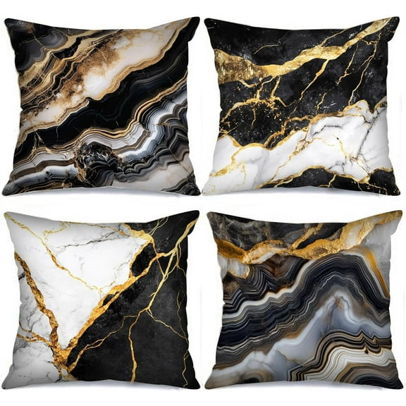 Black and White Pillows Cover Marble Pattern Throw Pillow Cases Marble with Golden Veins Pillowcase Set of 4 Cushion Case Black Gloden Pillow for Couch Sofa Home Office Abstract Gift(18 X 18 Inch)