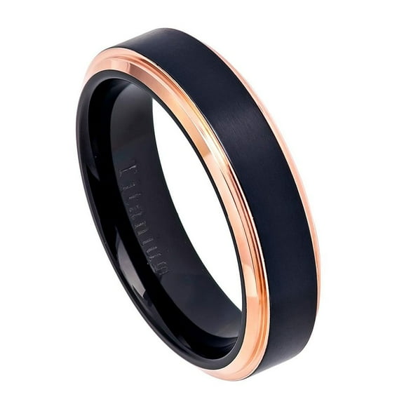 6MM Comfort Fit Titanium Wedding Band Black Brushed Rose Tone Step Edge Titanium Ring (Size 5 to 12)