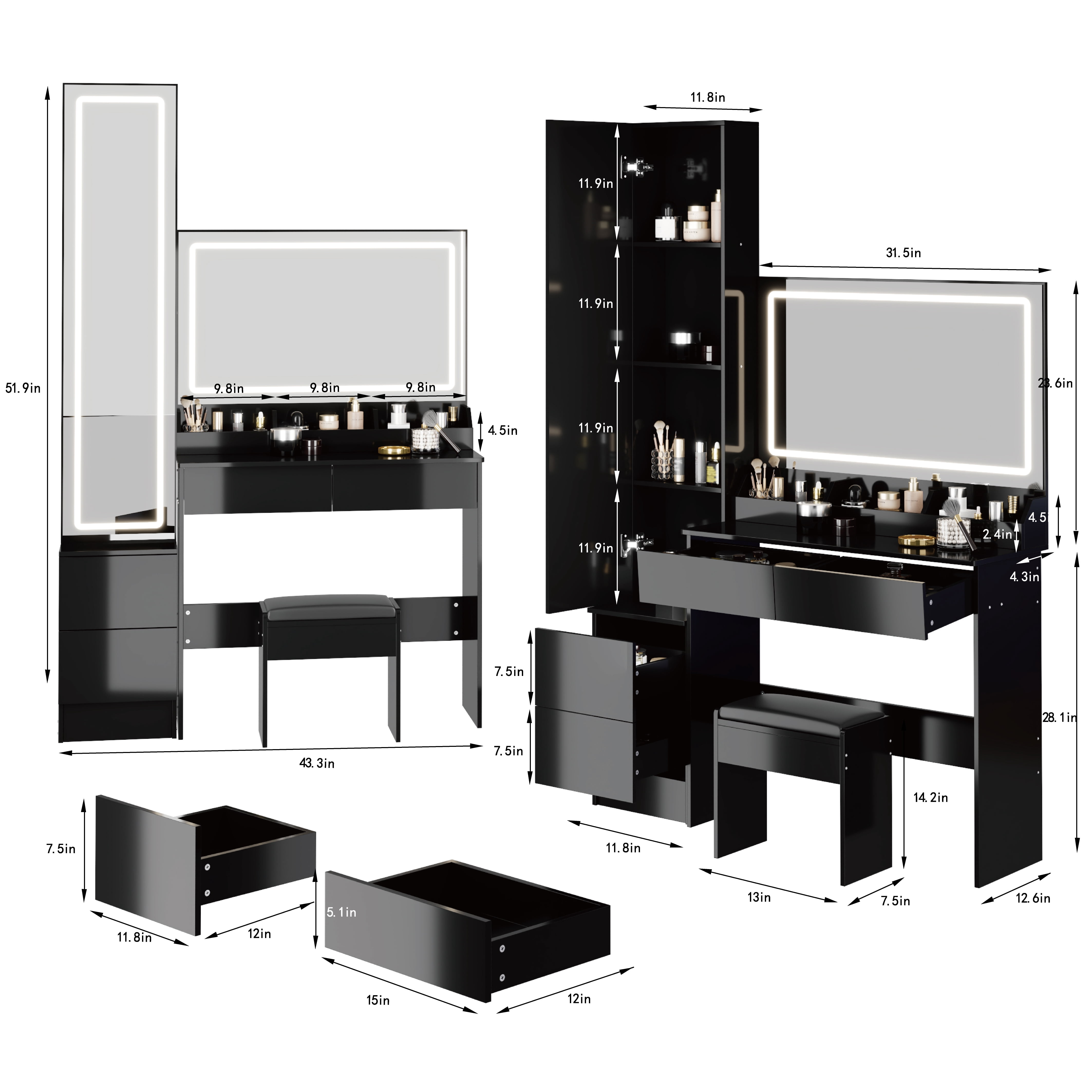 Leumius Smart Makeup Vanity Set with 3 Color Lighted Mirror,LED Dressing Mirror Cabinet,Double Large LED Mirror,Multi-layer High Capacity Storage for Bedroom,Black