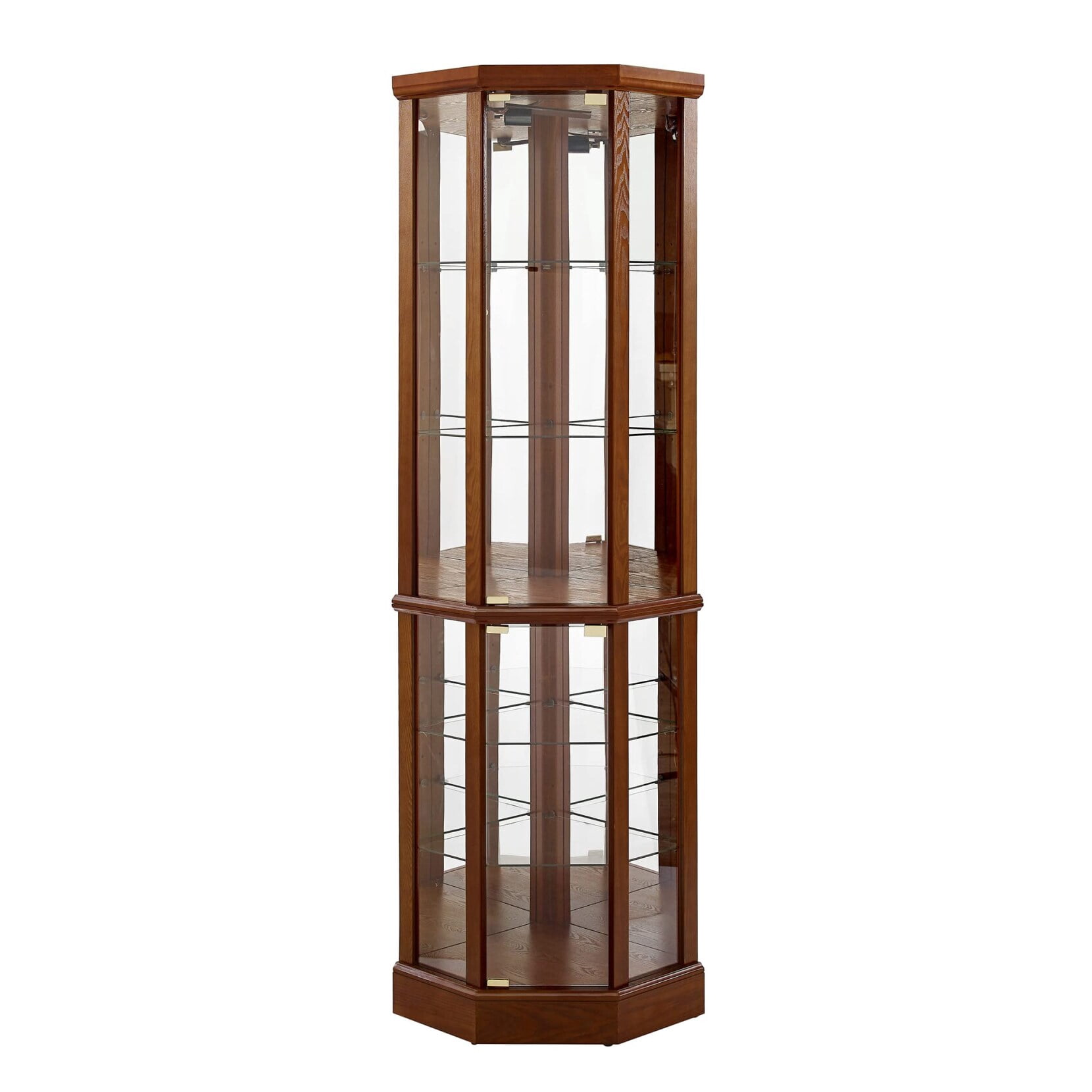 6 Tier Lighted Corner Display Curio Cabinet, Wooden Curved Shelving Unit with Tempered Glass Door and Mirror Back, Bar and Liquor Storage Area with Adjustable Glass Shelves, Walnut