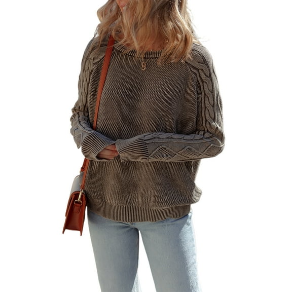 Women's Dark Brown Casual Sweater with Unique Contrast Cable Knit Sleeves - [ZhiHiMeRi] | (US 12-14)L