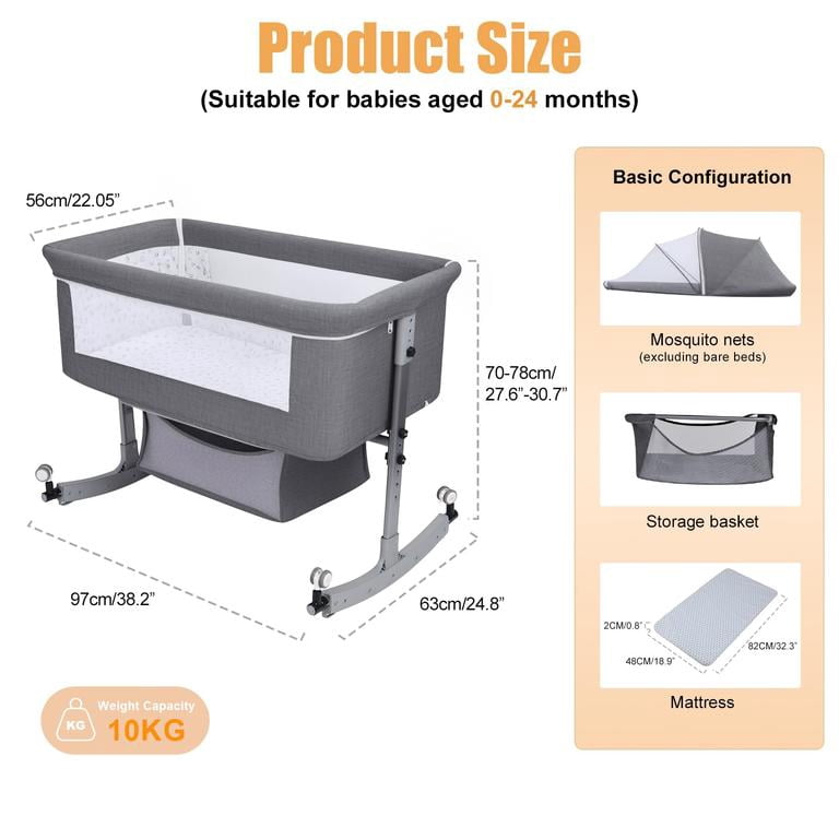 Dapmiu 4-in-1 Convertible Baby Crib, Bedside Sleeper with Changing Table, 6-Level Height Adjustable, Rocking Crib, Silent Wheels, Storage Basket, Mosquito Net, for Newborn to 24 Months,black