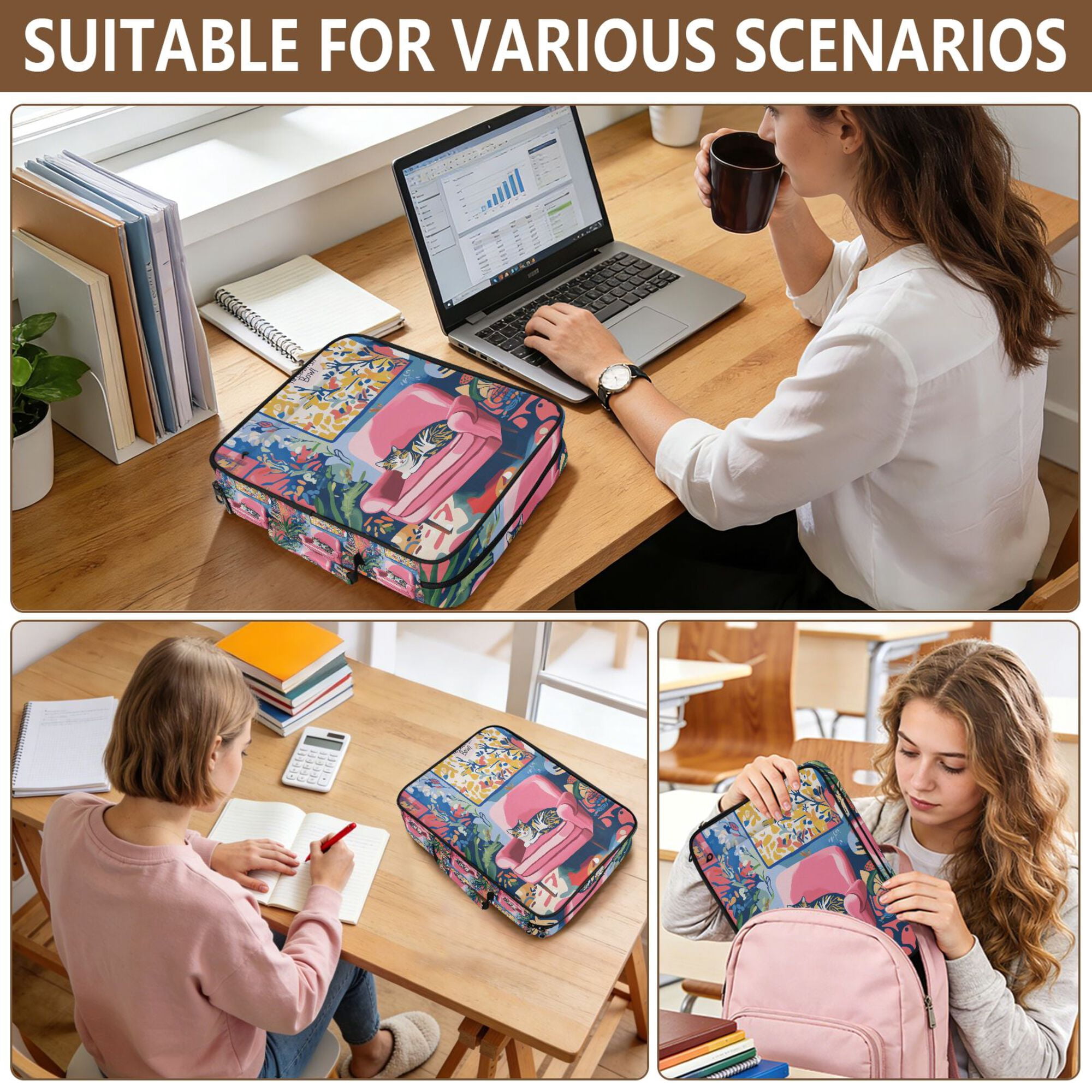 FORMRS Accordion File Folder A4 Size 7-Pocket Expanding Document Organizer Bag with 3 Ring Binder, Art Cat