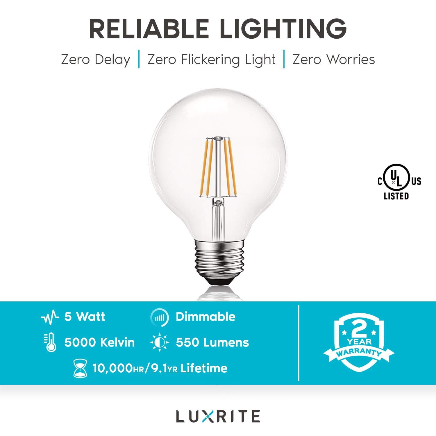 Luxrite G25 Vintage Dimmable LED Globe Light Bulbs 5W=60W 5000K Bright White, 550 Lumens, E26, 6-Pack