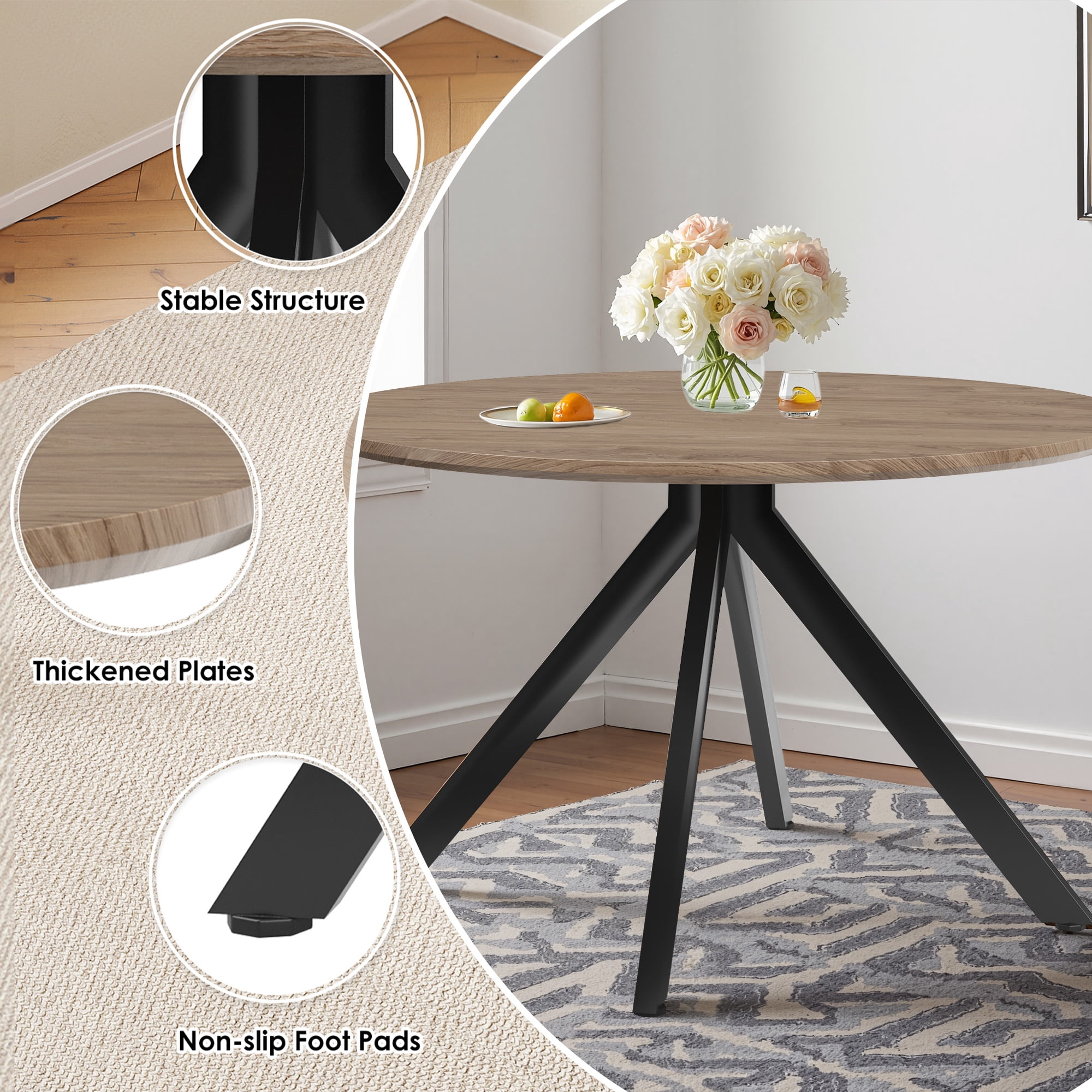 MAYEERTY 47"Round Wooden Dining Table, Metal Frame, Fits 4-6,for Kitchen, Dining, Living Room, Brown