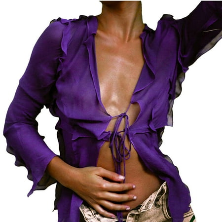 

Ma&Baby Women Long Sleeve Ruffles Sheer Lace-Up Lapel Shirt Purple Orange S M L
