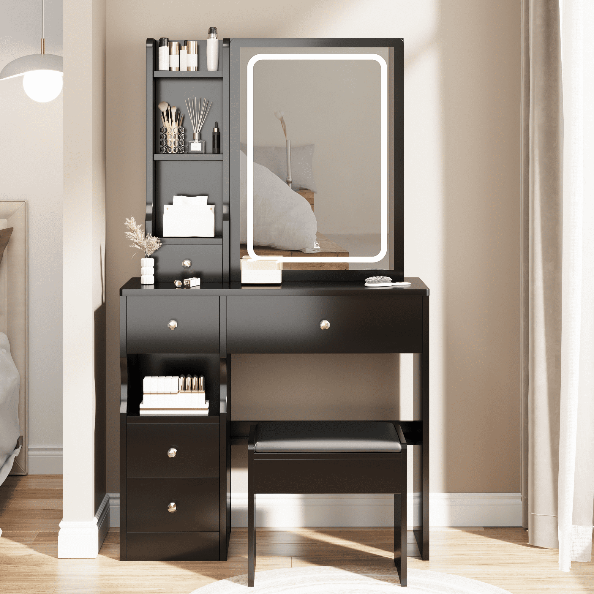 Resenkos Makeup Vanity Desk Set with Lighted Mirror & Stool, Bedroom Dressing Table with Large Drawers, Black Resenkos Makeup Vanity Desk Set with Lighted Mirror & Stool, Bedroom Dressing Table with Large Drawers, Black