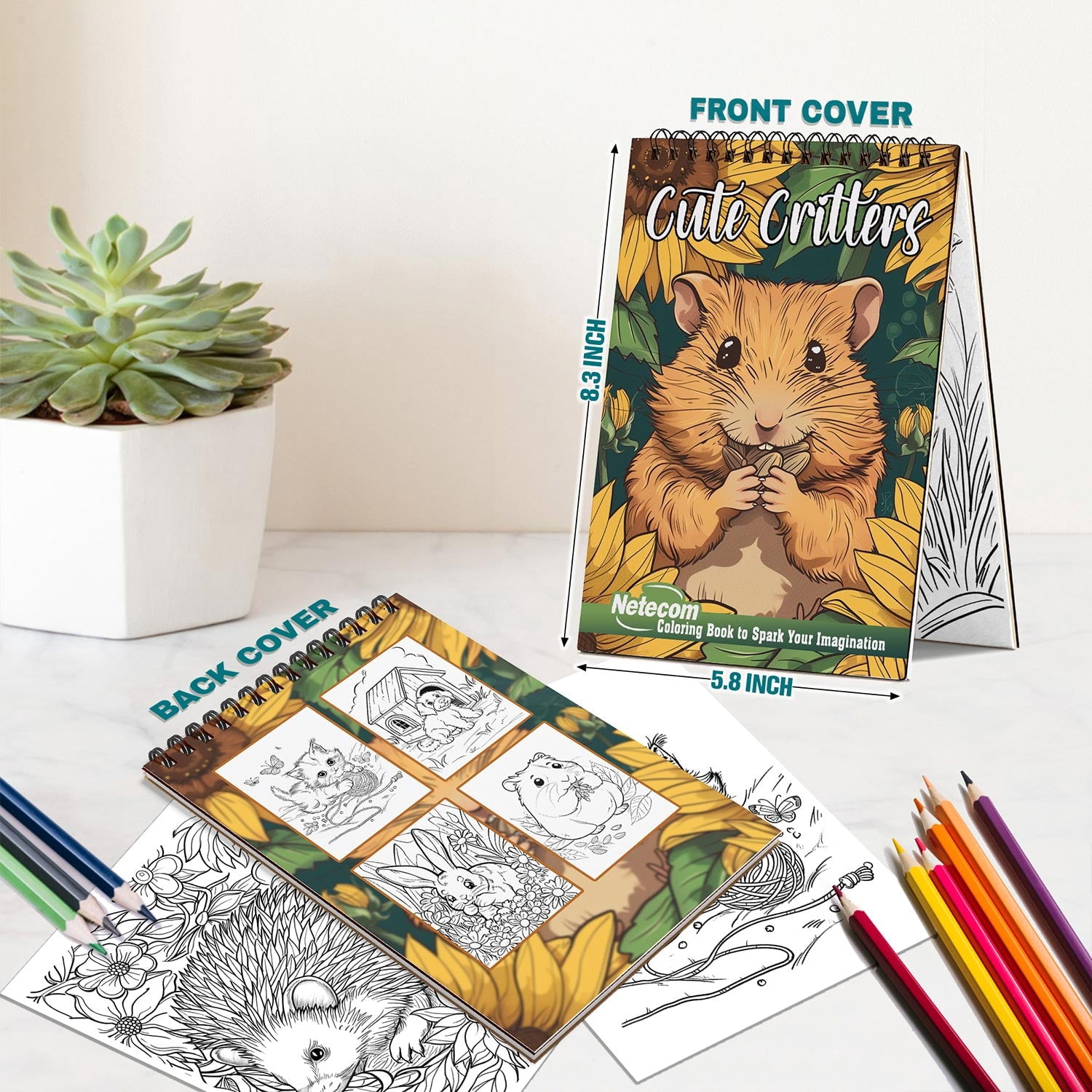 Netecom Cute Critters Coloring Book Spiral Bound for Adults, A5 Wooden Cover, 30 Cute Coloring Pages of Fluffy Animals for Stress Relief and Relaxation