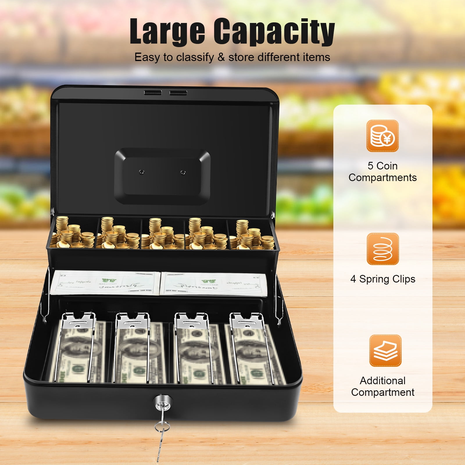 Large Cash Box with Money Tray and Lock, Metal Money Box for Cash, Lock Safe Box for Money 11.8" x 9.4" x 3.5", 4 Bill 5 Coin Slots