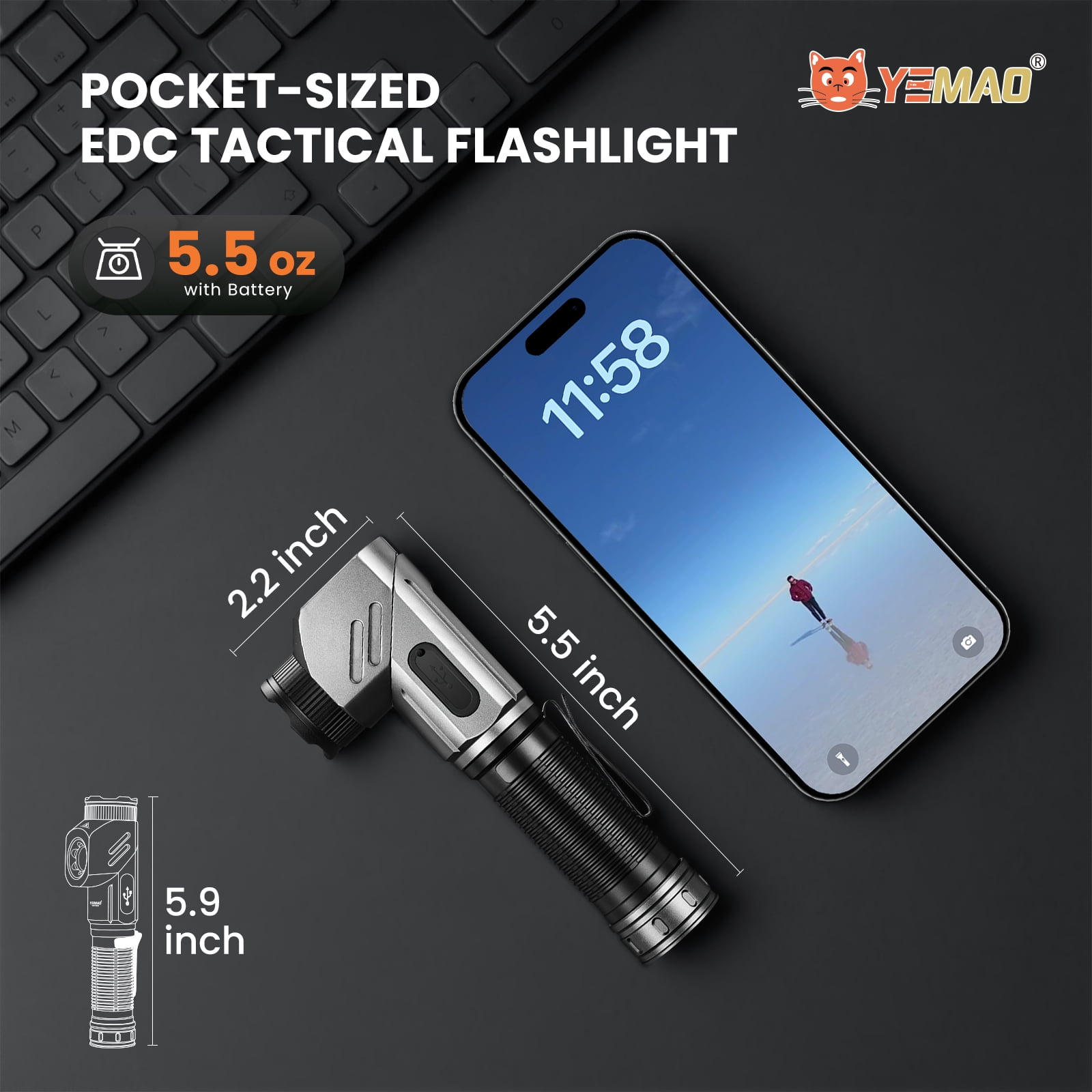Yemao Flashlight Rechargeable Led Flashlights High Lumens 1600 Lumen Battery Powered, Super Bright Tactical Multifunctional Waterproof Powerful Handheld Flash Light
