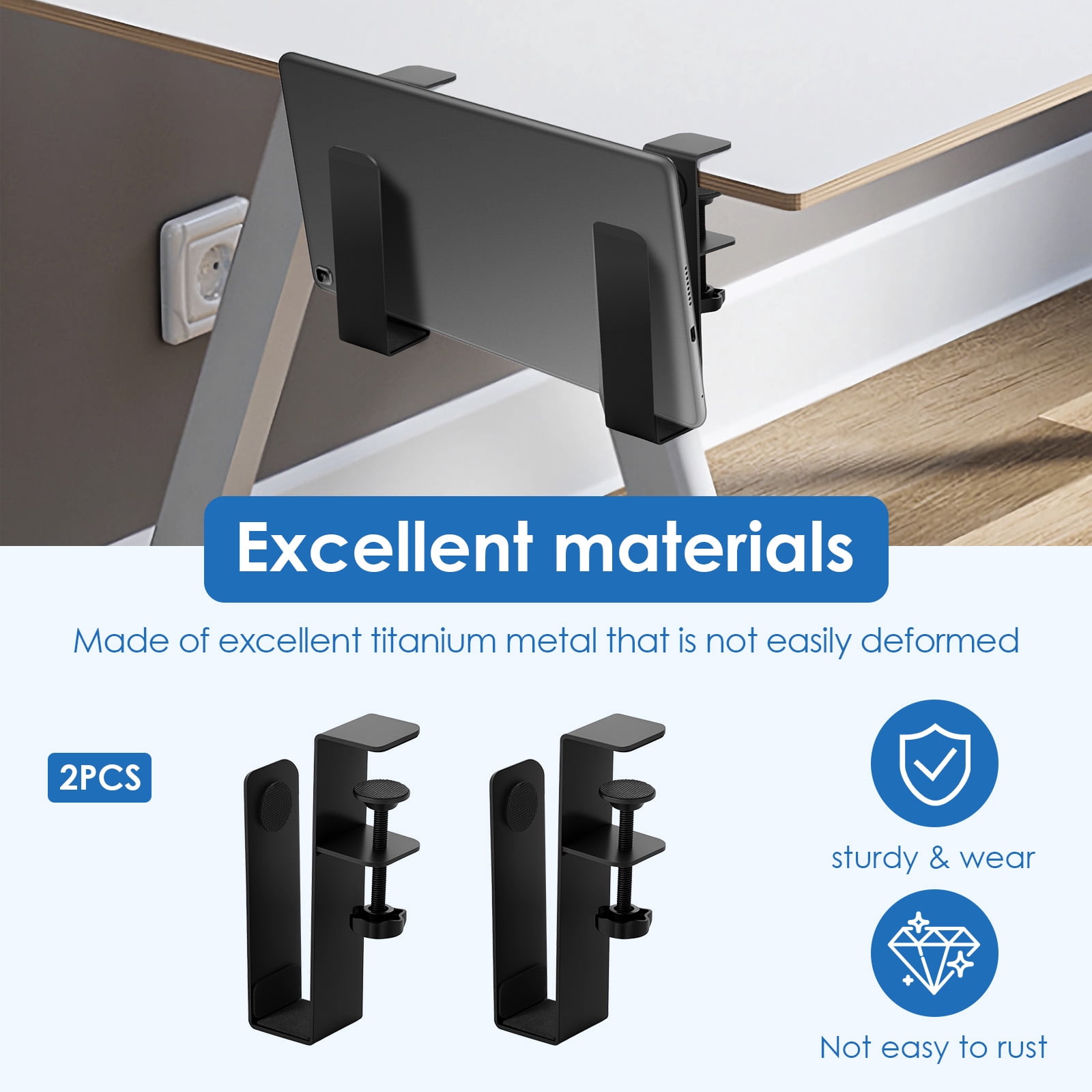Desk Side Laptop Organizer Titanium Metal Table Side Laptop Mount No Drilling Adjustable Clamp On Desk Organizer for Home Office