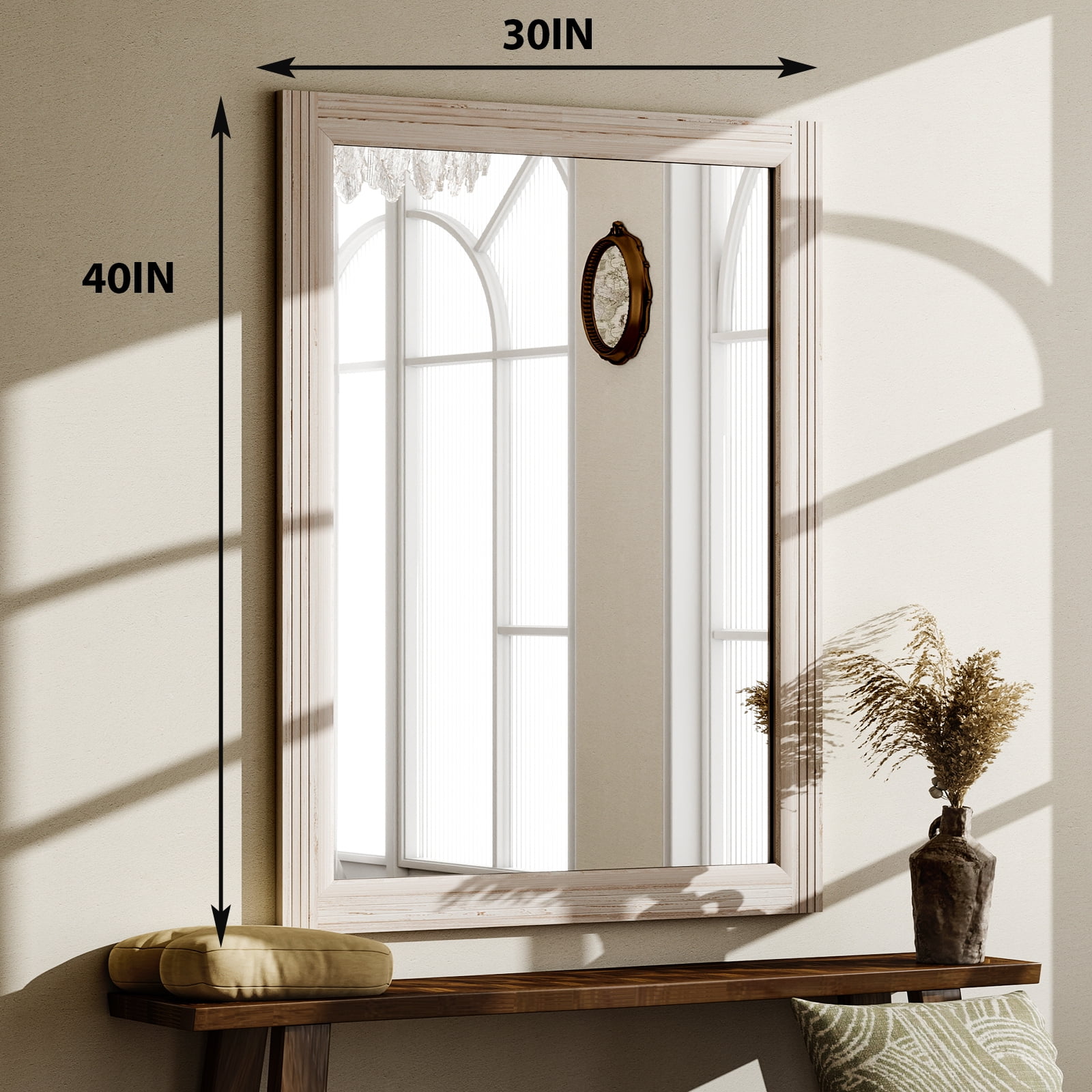 Easy4Home 40"x30" Rectangular Bathroom Mirror with Wooden Frame Decorative Wall Mounted Mirror, White