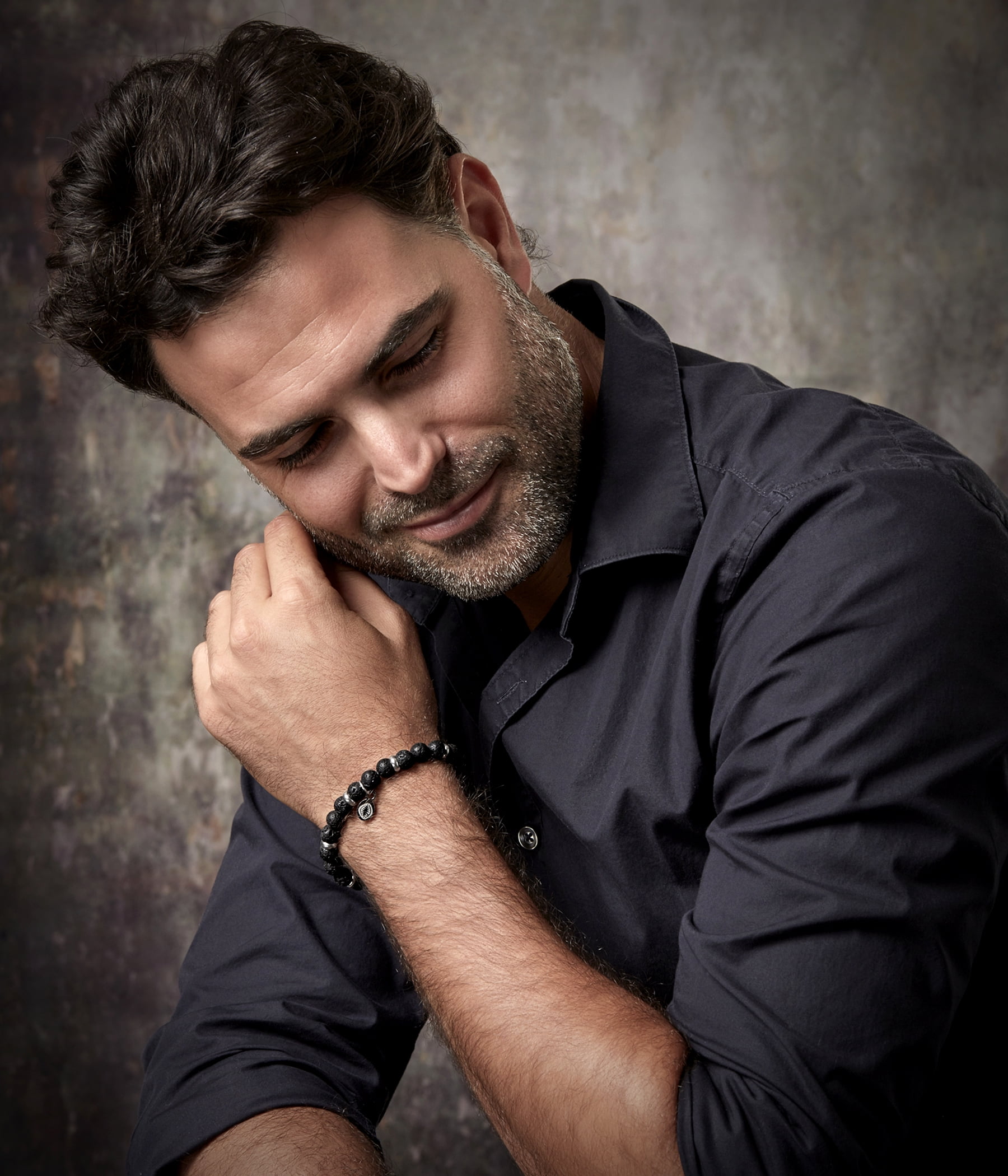 Mystigrey Rio Stainless Steel Bead Bracelet in Black Lava Rock in Large for Men and Women