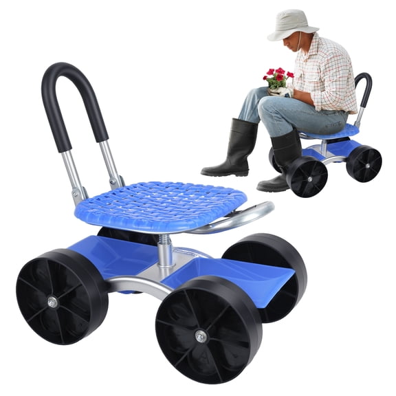 Xnigf Heavy Duty Rolling Garden Seat Stool with 360 Swivel, Adjustable Height & Storage Basket, Foldable Utility Stool with Flat Wheels for Lawn and Garage Work