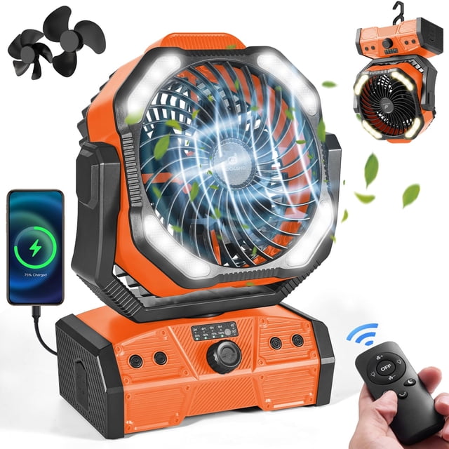 Ventilador de camping Odoland de 4000 mAh con luz LED recargable, color naranja