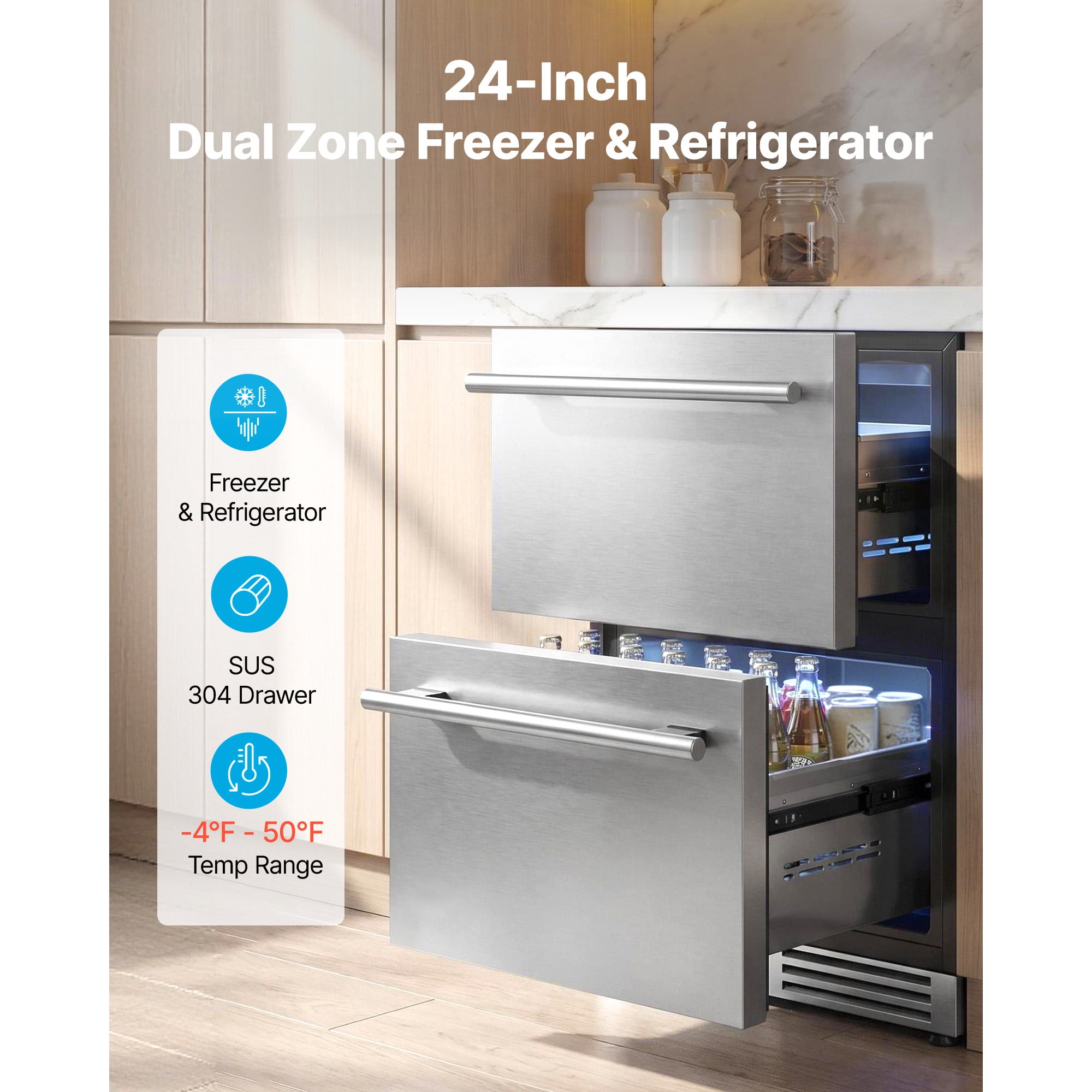 KFFKFF 24-Inch Undercounter Drawer Refrigerator and Freezer Combo, Beverage Cooler with Stainless Steel Drawers, Dual Sections for Chilled Drinks and Frozen Foods, Ideal for Kitchen, Home Bar