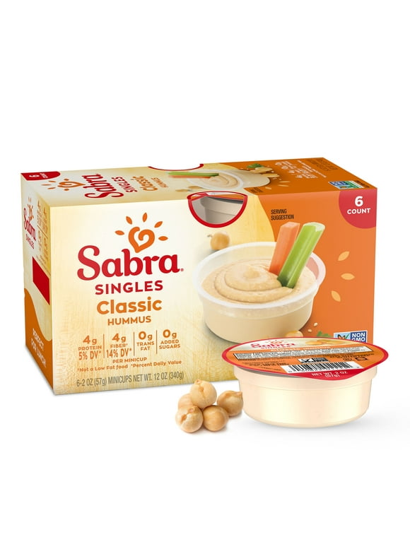 Sabra Classic Hummus Singles, 2 oz Plastic Cups (6 Pack), Gluten-Free, Serving Size 1 minicup (57g)