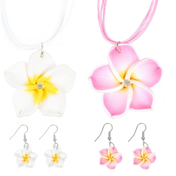 2 Sets Hawaii Theme Jewelry Clay Plumeria Flower Pendant Necklace