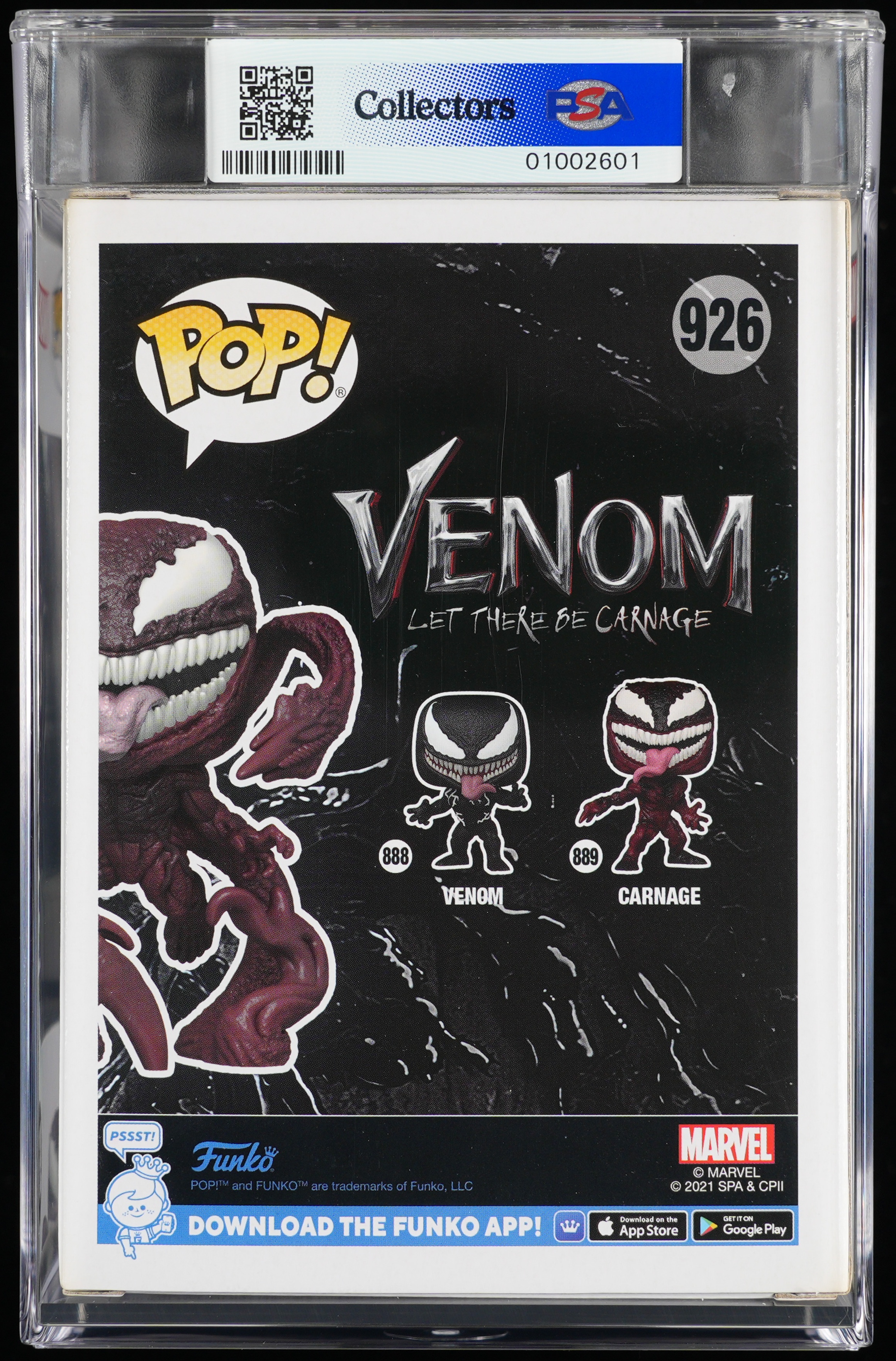 Venom, PSA Graded 9 MINT, Carnage Collectible Vinyl Figure #926, Fully Encapsulated Bundle with Compatible Funko Pop! PSA Hard Protector Case