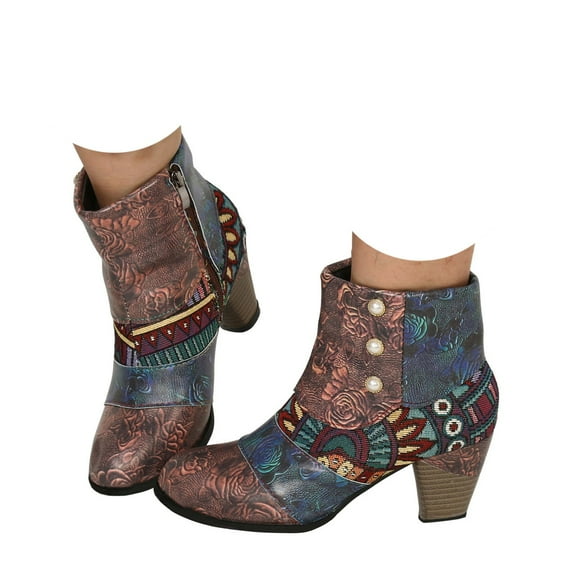 Mepaouo Boots for Women 2025 Leather Round Toe Pump Ankle Booties Trendy Chunky High Heels Dress Shoes