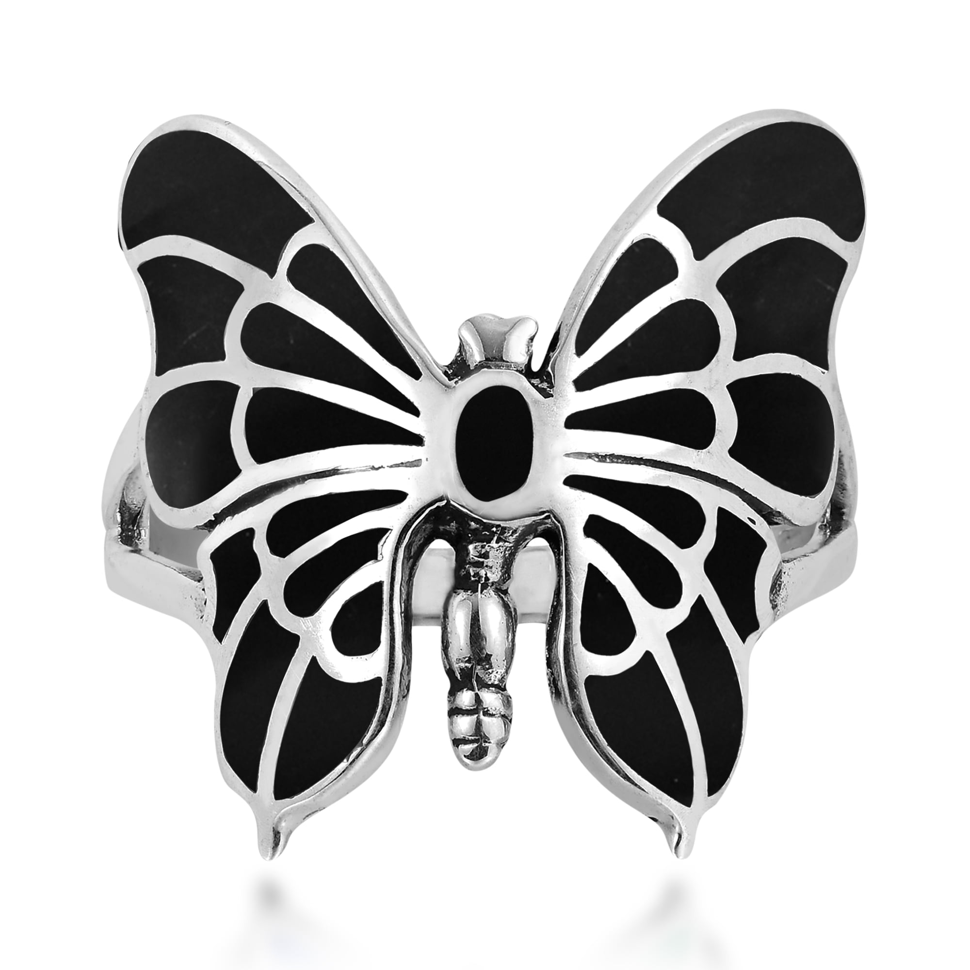 Exotic Graceful Butterfly Black Onyx Inlay Sterling Silver Ring for