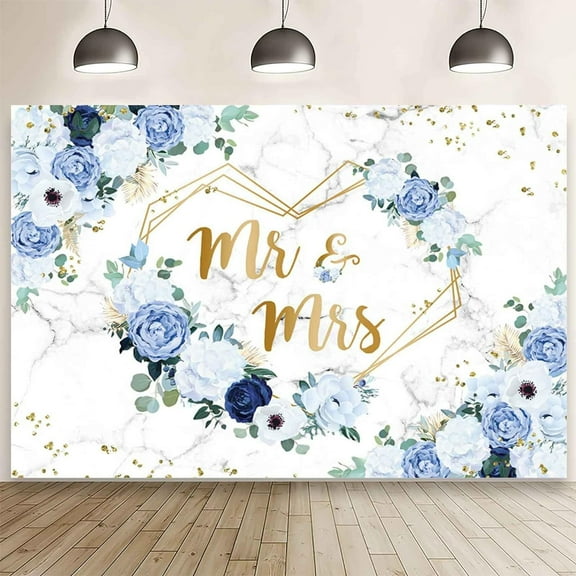 Mr and Mrs Floral Backdrop for Bridal Shower Blue and White Flowers Photography Background Hearts Geometric Couple Wedding Party Decorations Bride to Be Engagement Banner Props