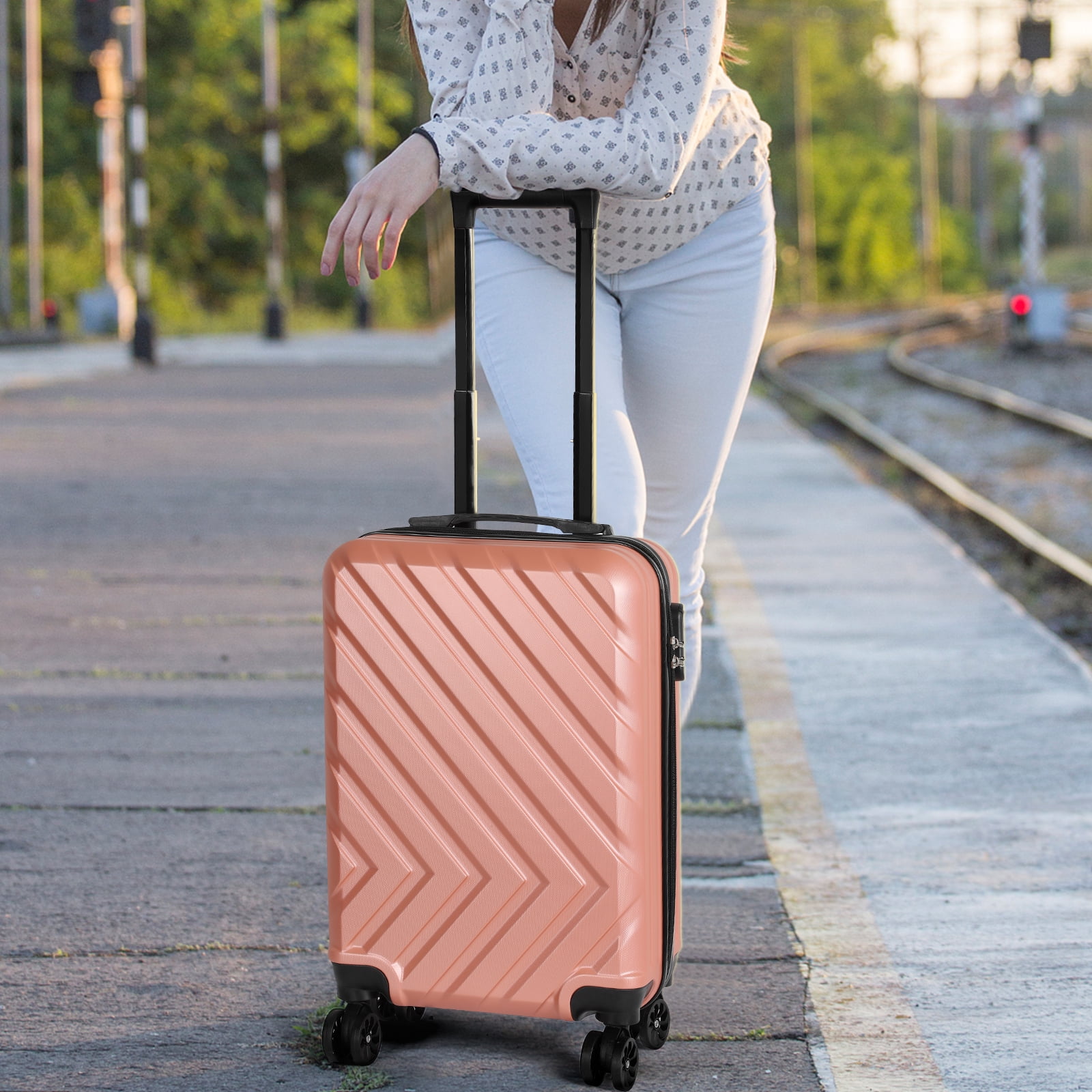 Arrow Stripe Luggage Travel Sliding Wheels 20" Rose Gold