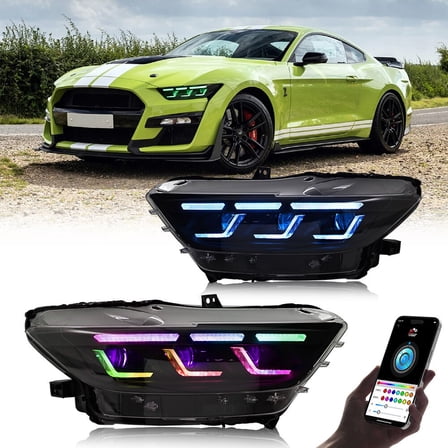 Woudy Pair RGB LED Headlights for Ford Mustang 2015 2016 2017 Head Front Lamp