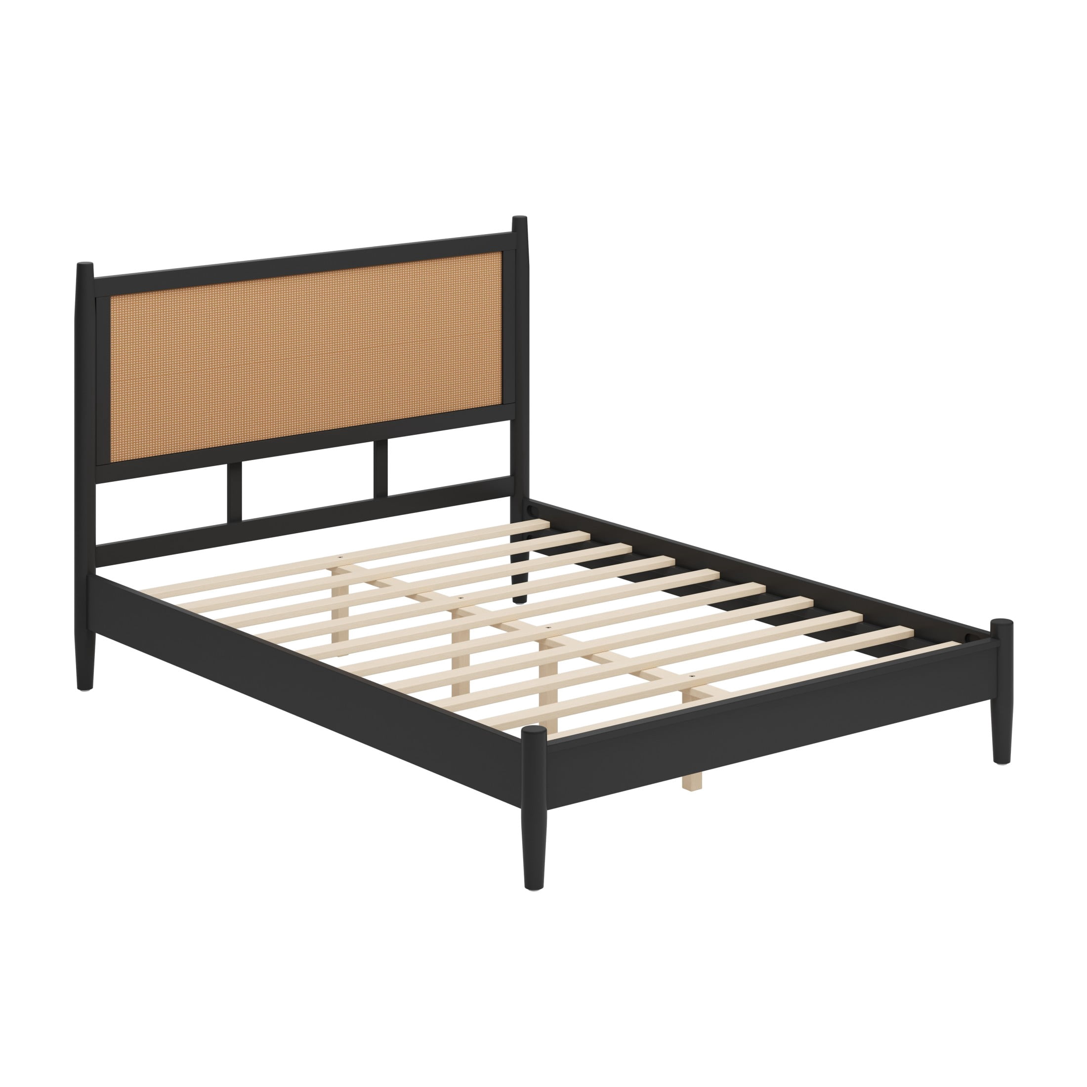 Christopher Knight Home Boho Queen Platform Bed Frame with Rattan Headboard, Wood Slat Support, Black
