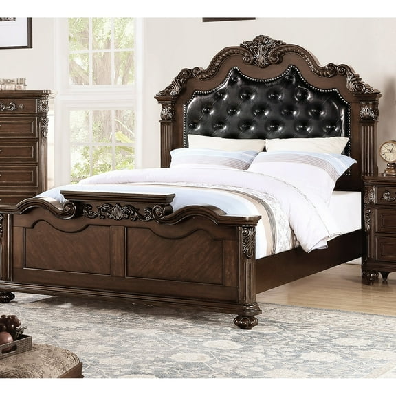 Dazzling Queen Bed With Faux Leather Headboard And Antique Cherry Look Delightful Size In Wooden Bedframe