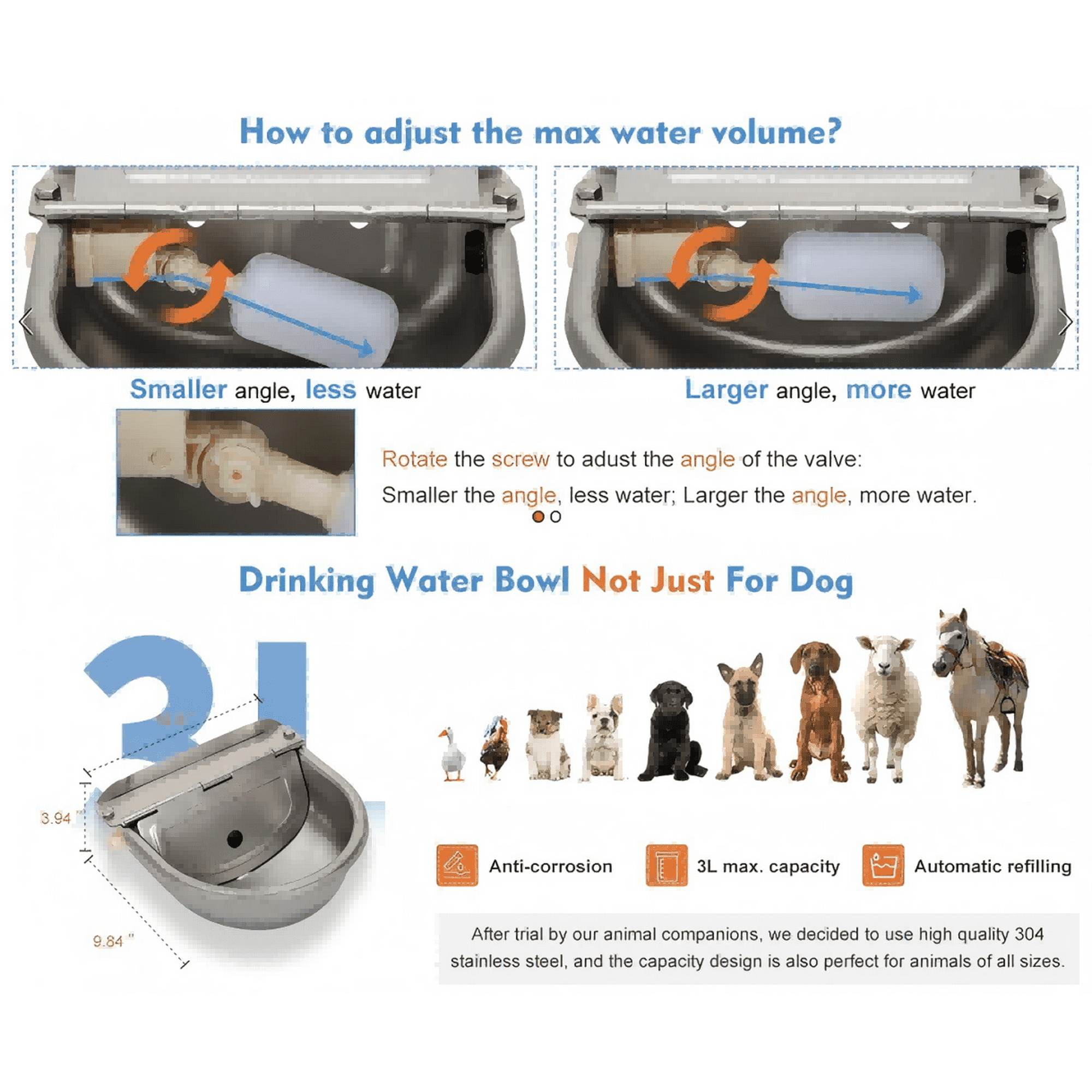 ZGRAO Upgraded Automatic Animal Water Bowl, 304 Stainless Steel Auto-Filling Waterer for Horses Dogs Goats Cattle