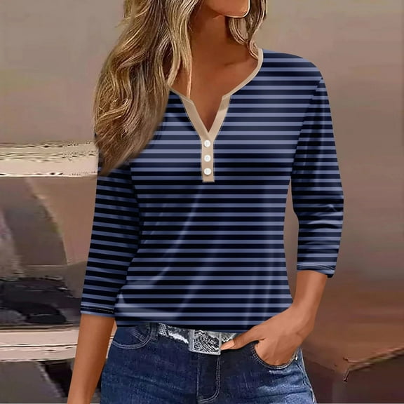 Njagoc3 Womens Blue & White Striped Shirt, 3/4 Sleeve, Loose Fit, Casual Summer & Spring Top