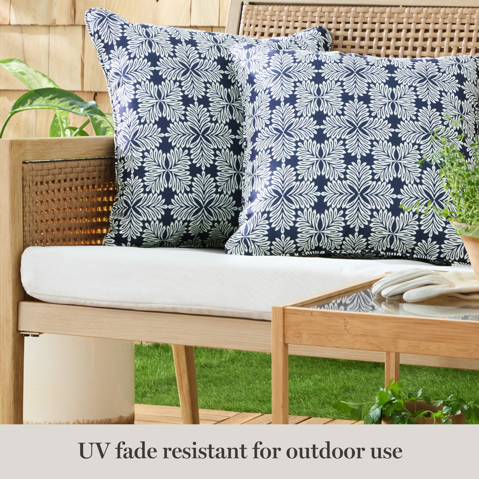 MARTHA STEWART Tulum Indoor Outdoor Decorative Pillow 2-Pack Set, UV Fade Resistant, Water Repellent, Printed Modern Design, Navy Blue, 18"x18"