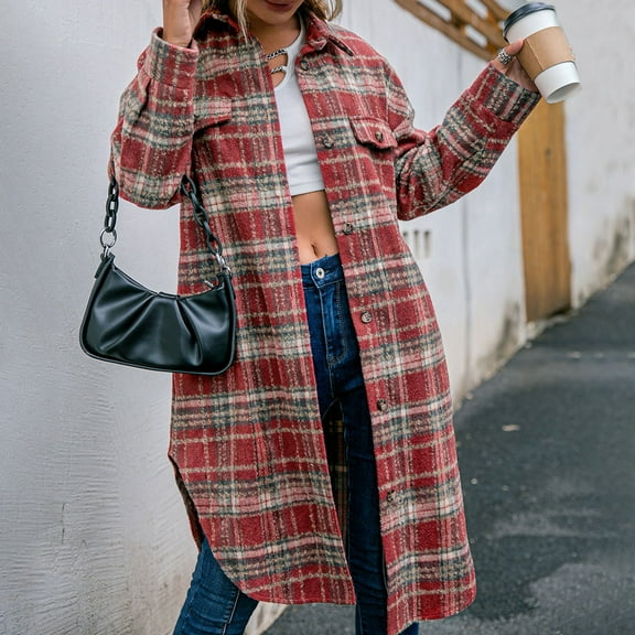 Herrnalise Women's Autumn Winter 2022 Wool Plaid Overcoat With Lapels Loose Women's Long Coat With Ground Plaid