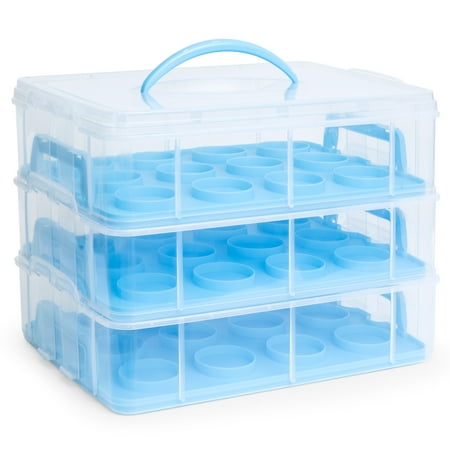 Ultra Camtainer Beverage Carrier - Best Choice Products 3-Tier BPA-Free Cake Cupcake Baked Goods Holder Storage Carrier Container for 36 Cupcakes w/ Detachable Tiers, Locks, Handle - Blue