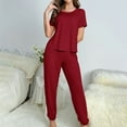 thumbnail image 6 of VISALY Womens Pajama Sets Matching Pajama Set Sleepwear Comfy Lounge Set Soft Short Sleeve Round Neck Top Loose Pajama Pants Long Jogger Bottom Red M, 6 of 7