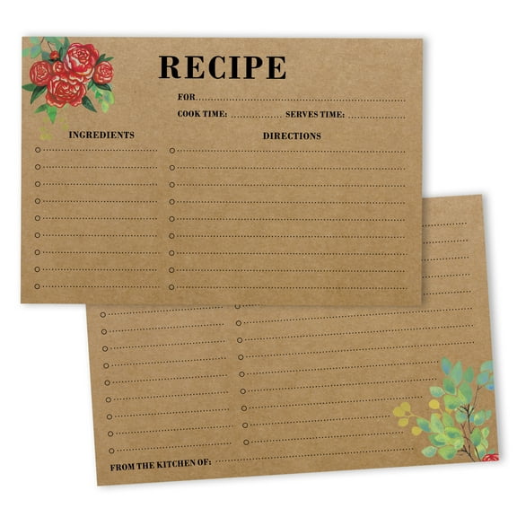 Inkdotpot 4x6 Inch Recipe Cards (Set of 50) , Thick Double Sided Premium Card Stock- Modern Style Kraft Recipe Notecards for Weddings- Bridal- Baby Shower - Floral Theme