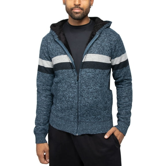 X RAY JEANS Mens Full Zip Hooded Sweater With Stripes & Lining, Blue/Black, S