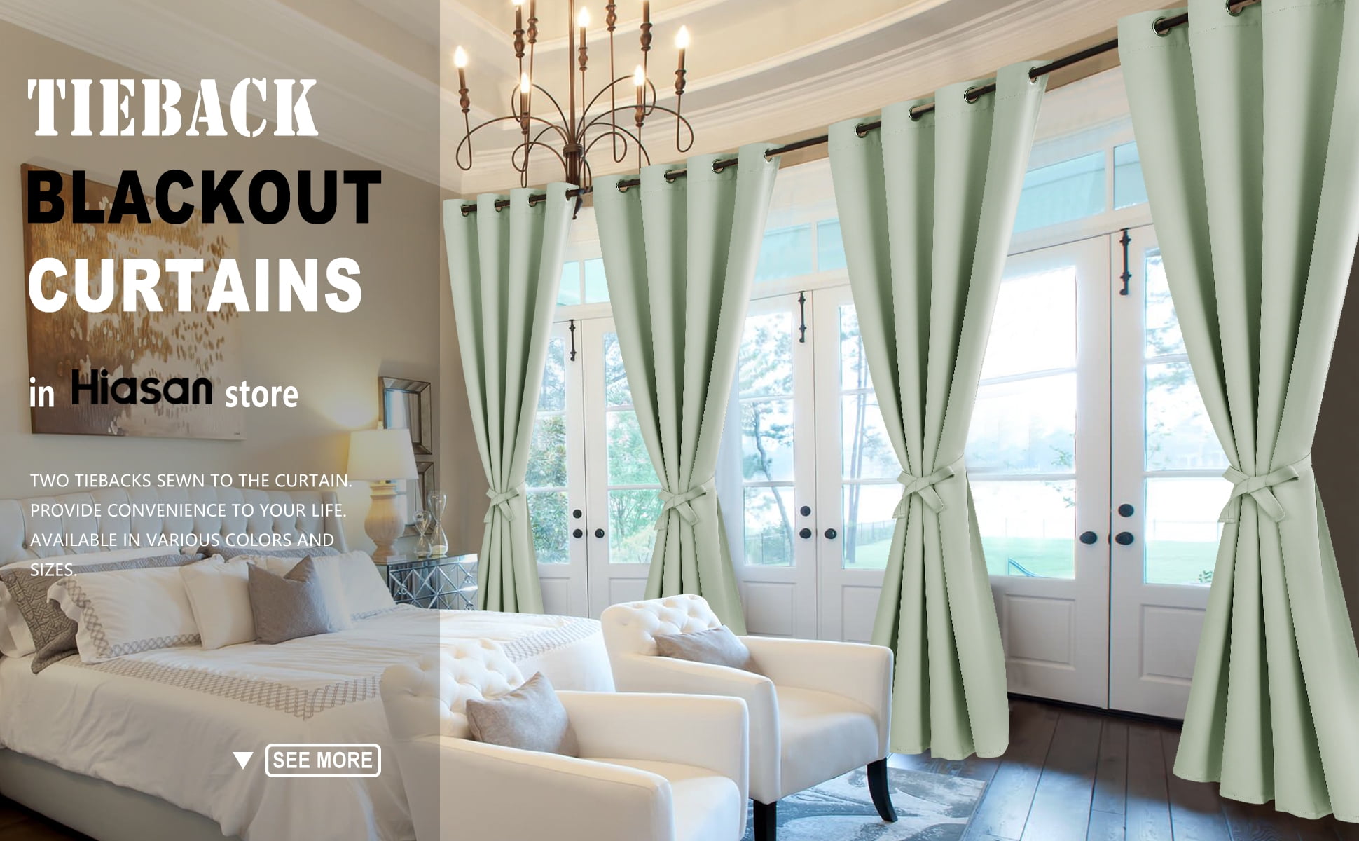 Hiasan Blackout Curtains for Bedroom, 42 x 63 Inches Length - Thermal Insulated & Light Blocking Window Curtains for Living Room/Kids Room, 2 Drape Panels Sewn with Tiebacks, Seafoam Green