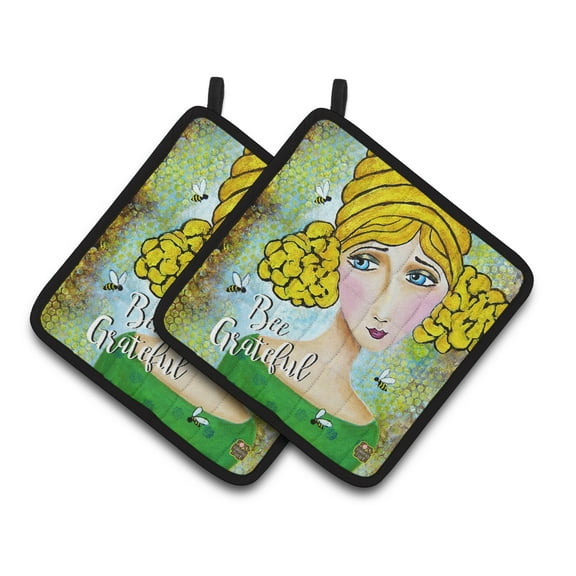 Caroline's Treasures Bee Grateful Girl with Beehive Pair of Pot Holders