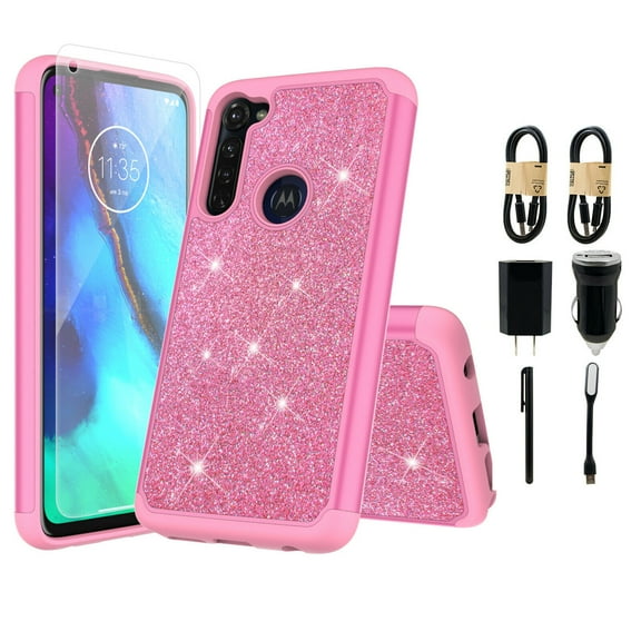 Value Pack for Moto G Power XT2041 with Tempered Glass Glitter Hard Case Hybrid Cell Phone Case Glitter Shock proof Edge Slim Bumper Scratch Cover (Pink)