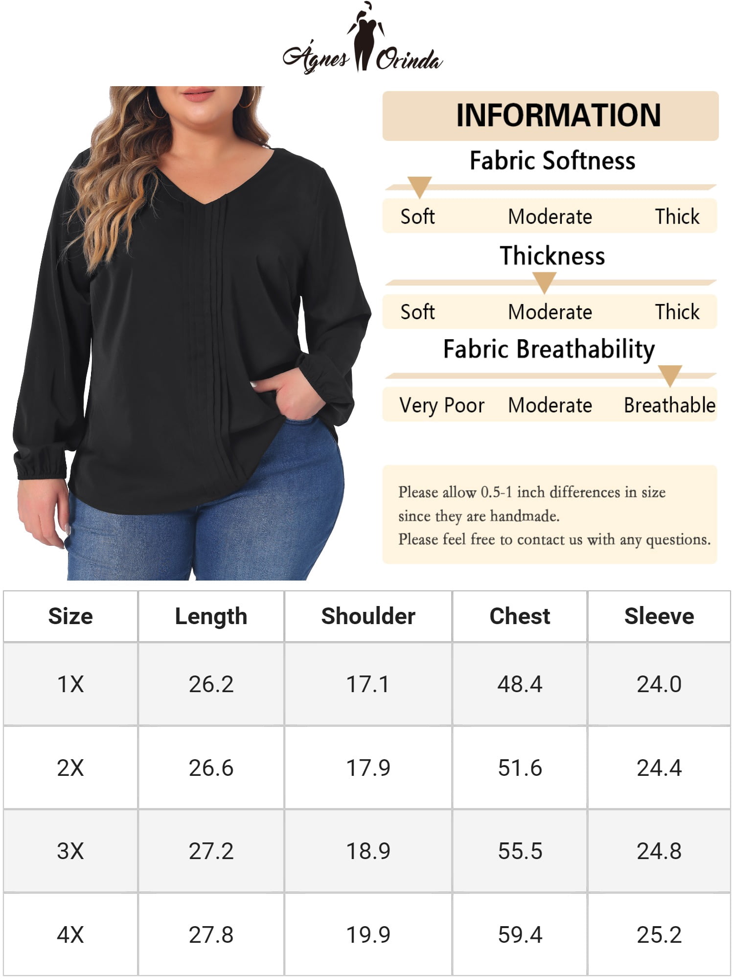 Unique Bargains Women's Plus Size Long Sleeve V Neck Chiffon Pleated Front Tops 4X Black