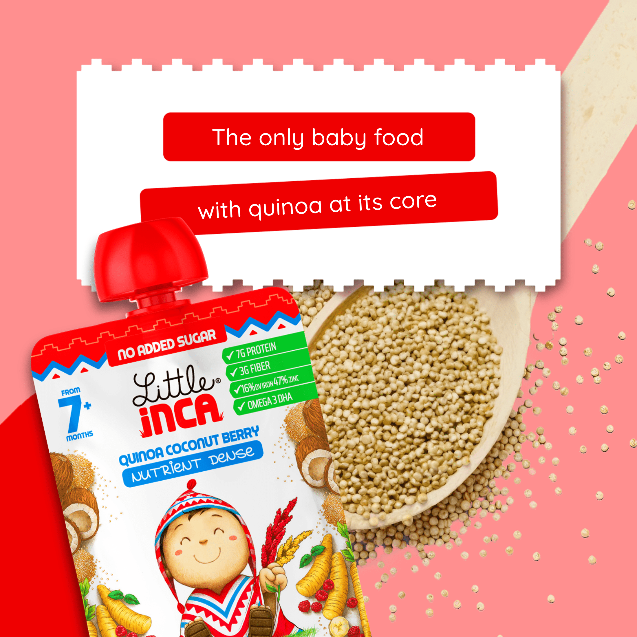 Little Inca Stage 2 Baby Food Pouches, Quinoa Coconut Berry Baby Puree, Plant Based High Protein, Dairy-Free, 6 x 3.5oz