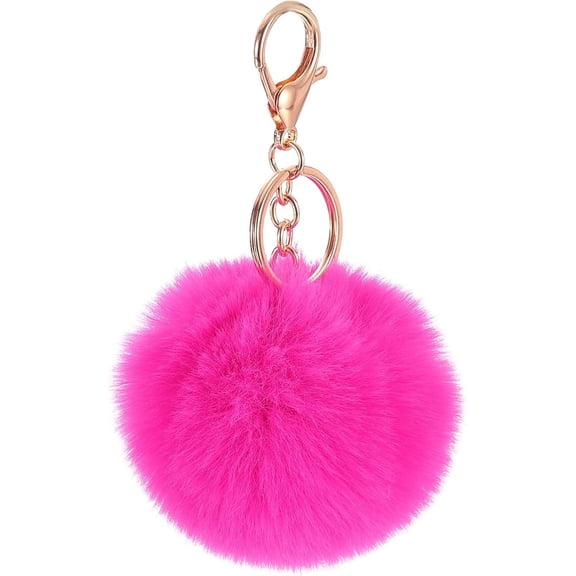 Pom Pom Keychain, Faux Rabbit Fur Puff Ball Pom Pom Bag Charms Pompoms Key Chain for Women Purse Rose Red