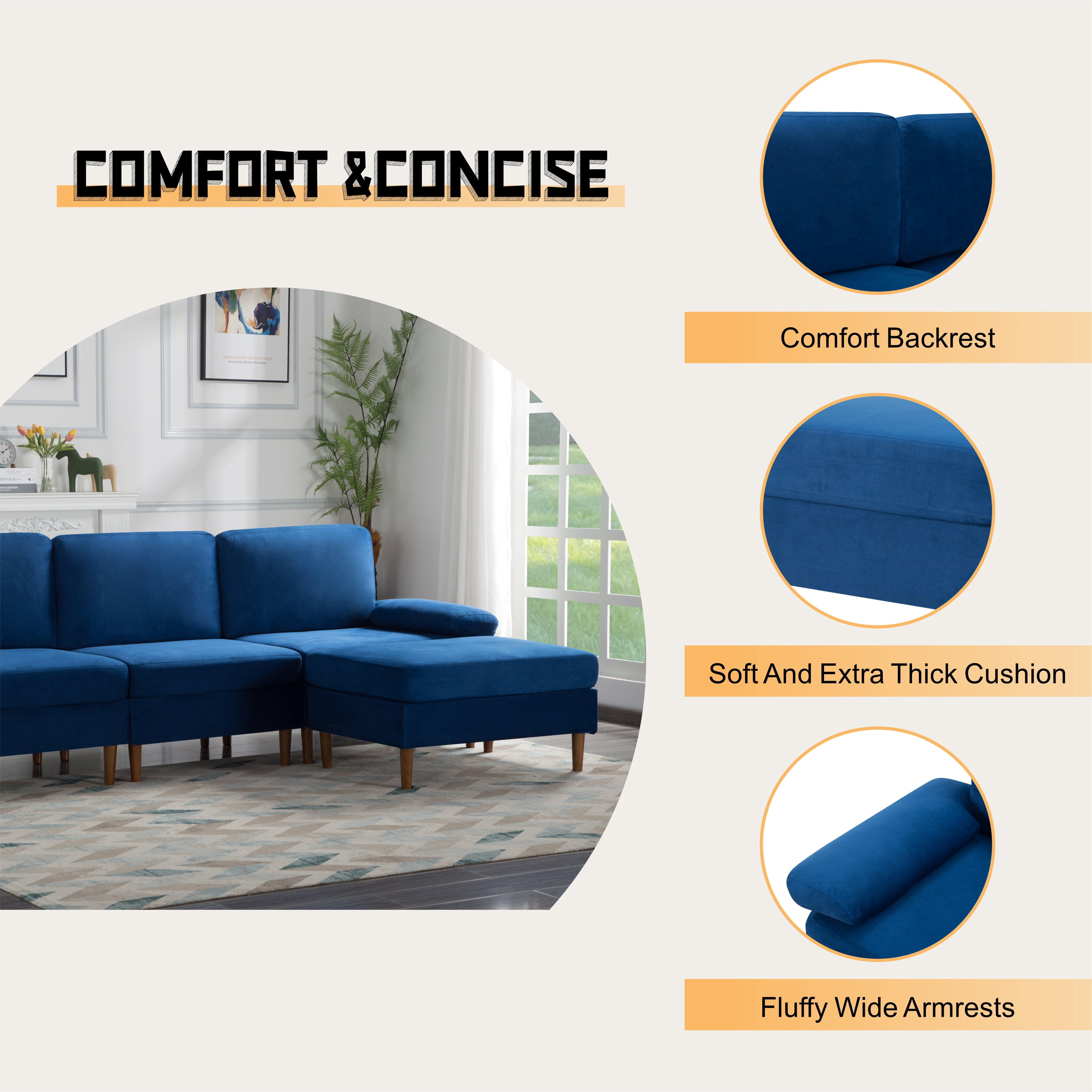 Gewnee 102.4'' Modern Convertible L-Shaped Sofa, 3-Seater with Movable Ottoman for Living Room & Apartments( Navy Blue)