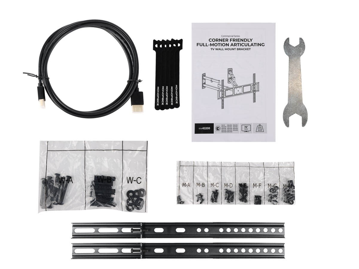 Monoprice Corner Friendly Full-Motion Articulating TV Wall Mount Bracket For TVs 32in to 70in, Max Weight 99lbs, VESA Patterns Up to 600x400, Fits Curved Screens - Cornerstone Series