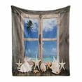 thumbnail image 1 of Beach Soft Flannel Fleece Throw Blanket, Summer Holiday with Seashells Starfish and Palm Tree Ocean Print, Cozy Plush for Indoor and Outdoor Use, 50" x 70", Pale Brown Sky Blue, by Ambesonne, 1 of 6