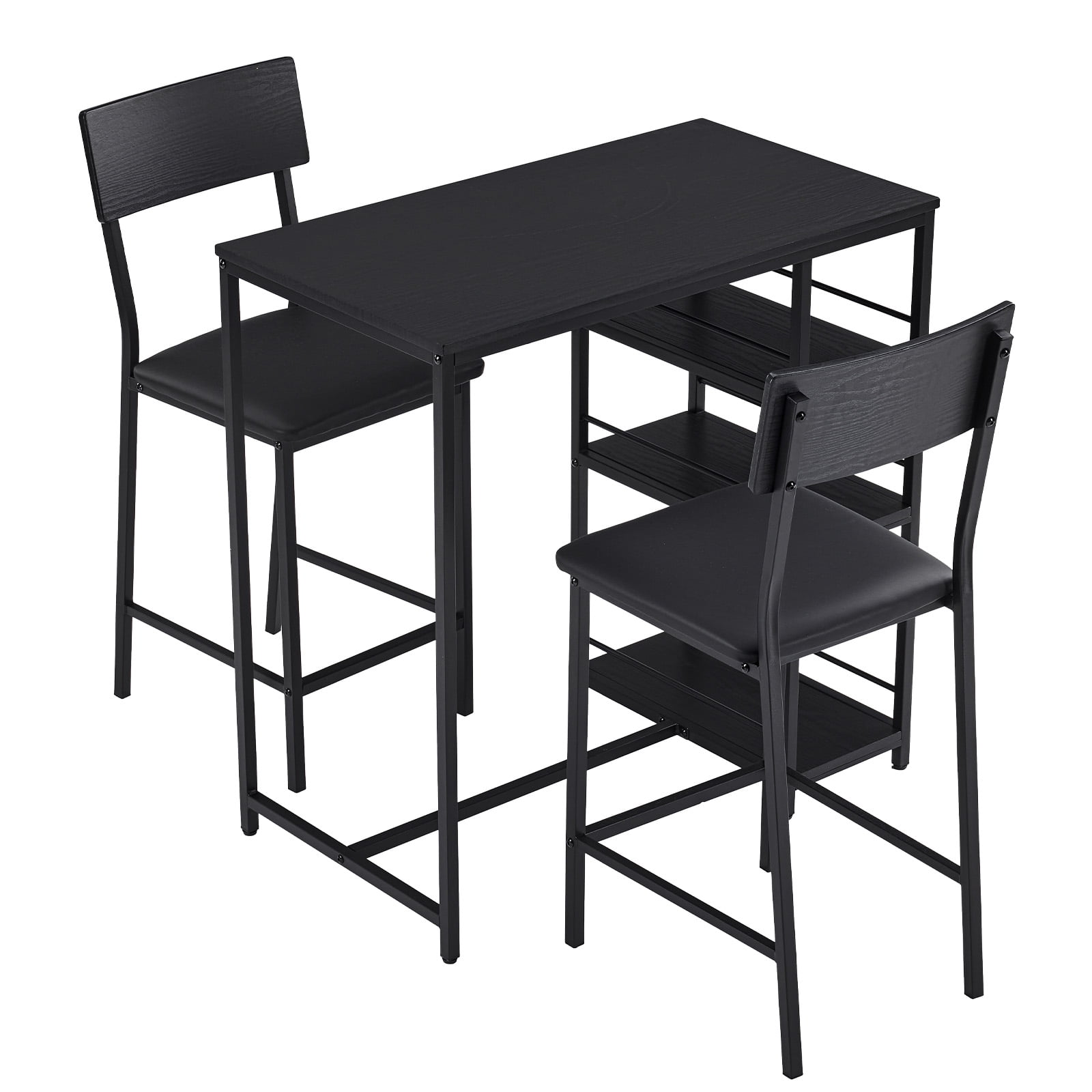 Ktaxon 3 Pieces Dining Table Set for 2, Counter Height Bar Table Set with Storage Shelves, Pub Table and Padded Chairs for Dining Room, Kitchen, Modern Black